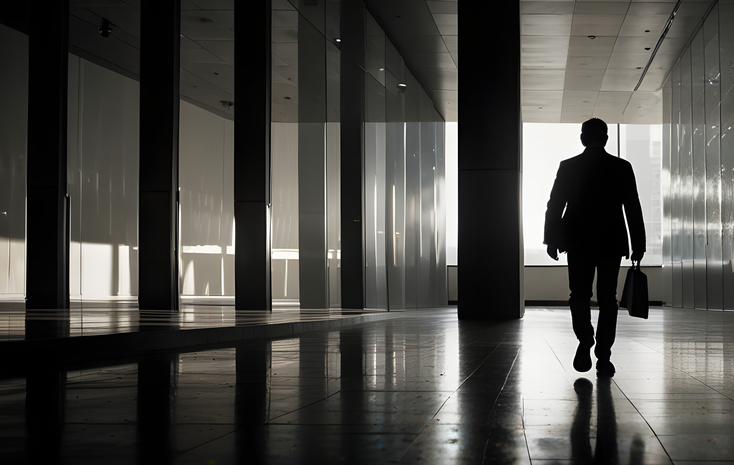 a business man silhouette walking down the hall